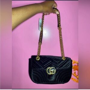 Black Quilted Shoulder Bag with Gold Chain Strap